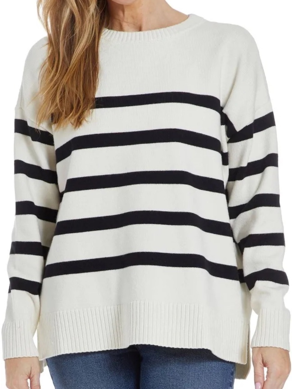 French Connection Oversized Cream and Black Striped Crewneck Sweater